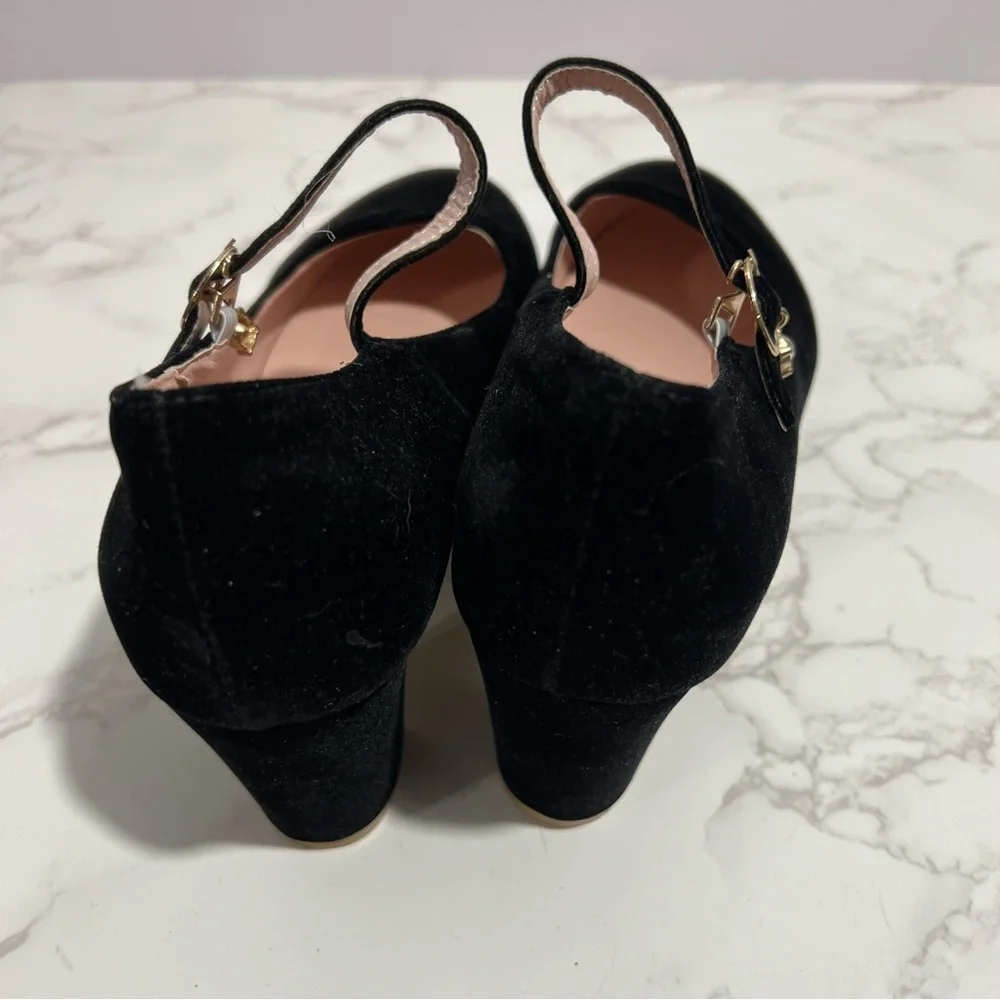 Elegant Black Suede, Rhinestone Embellished Mary Jane Heels -- EU 39 -- US 7.5/8